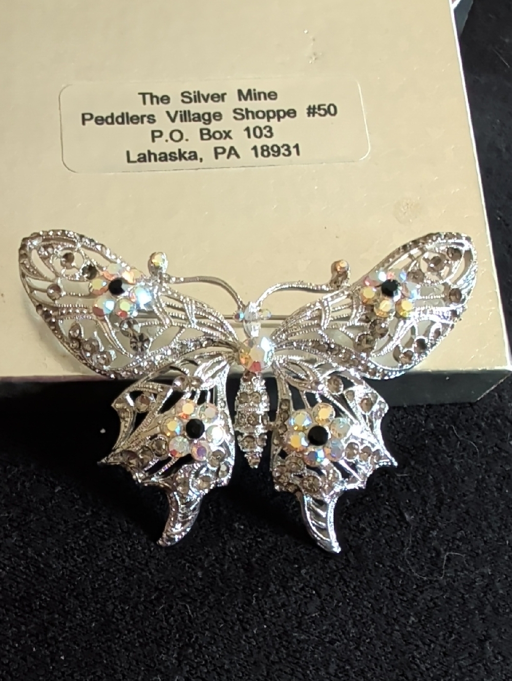 Silver Butterfly Brooch with Iridescent Crystals